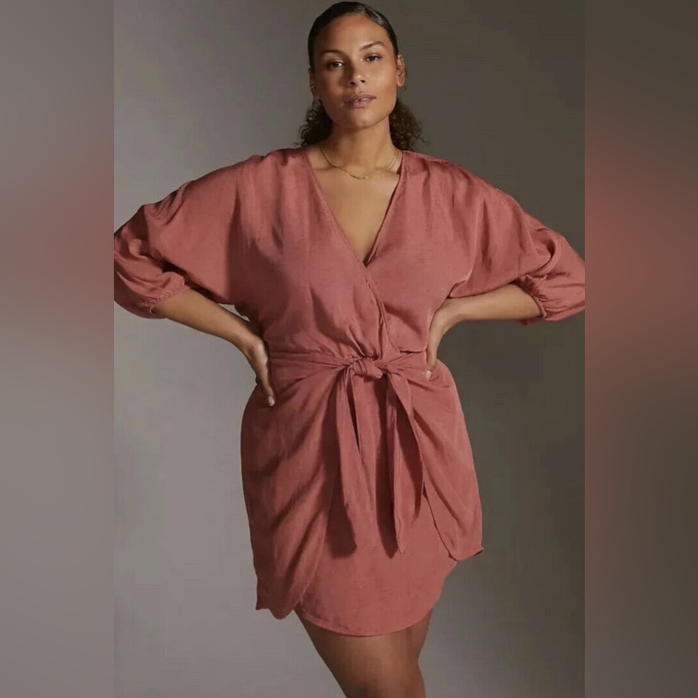 NWT Anthropologie puff sleeve tie front wrap mini dress
